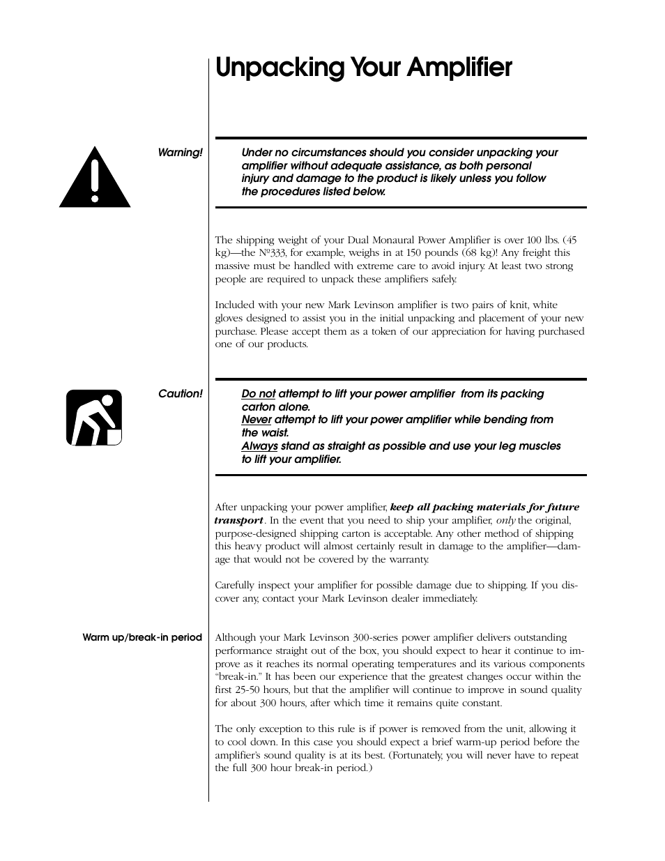 Unpacking your amplifier | Mark Levinson N 333 User Manual | Page 6 / 38
