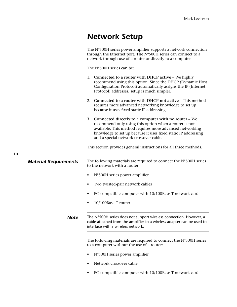 Network setup | Mark Levinson 500H User Manual | Page 14 / 32