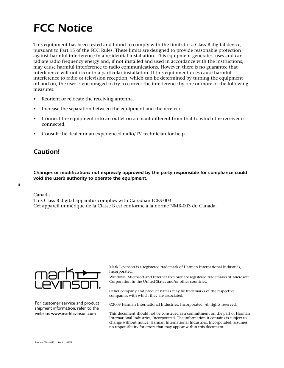 Fcc notice, Caution | Mark Levinson 500H User Manual | Page 2 / 32