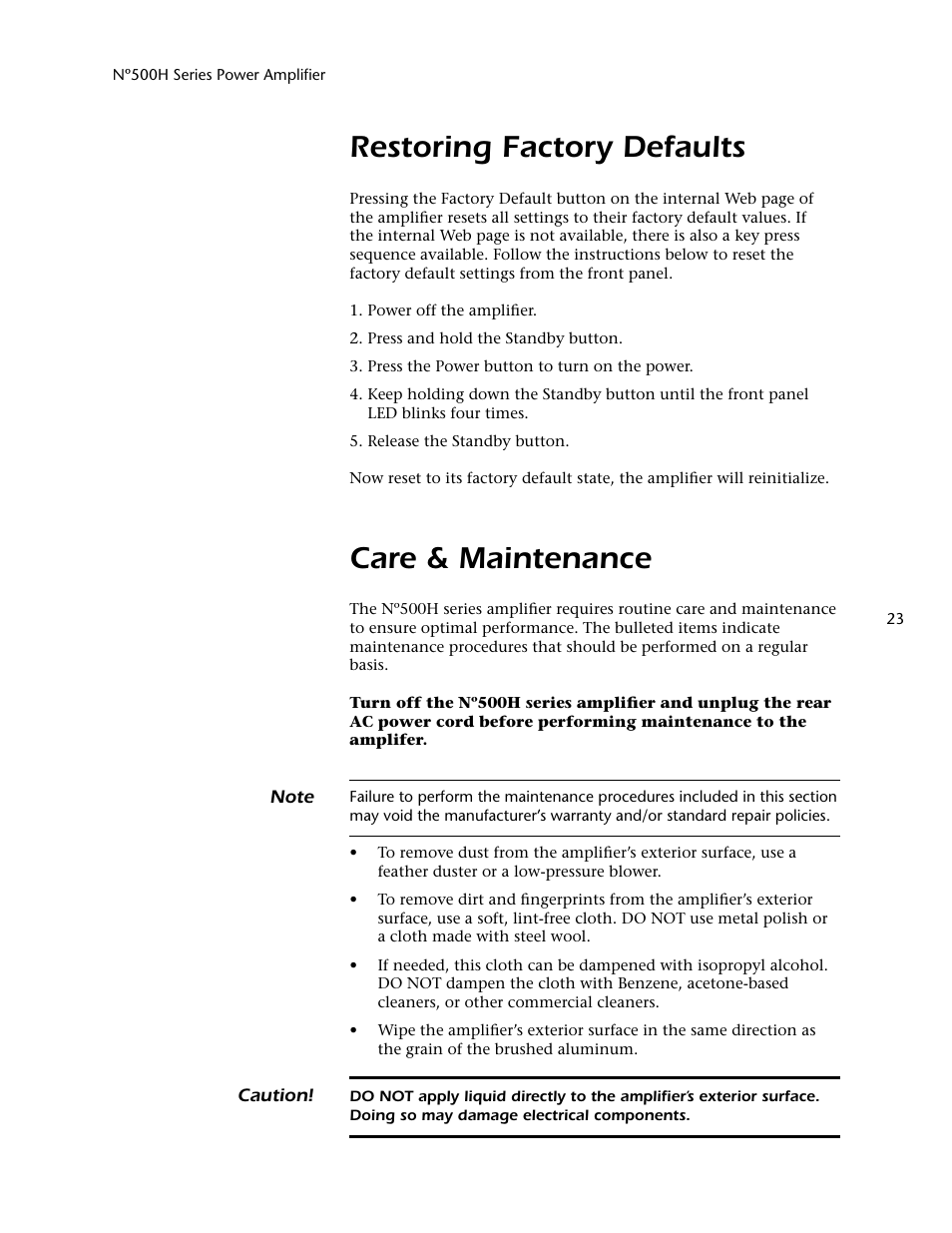 Restoring factory defaults, Care & maintenance | Mark Levinson 500H User Manual | Page 27 / 32
