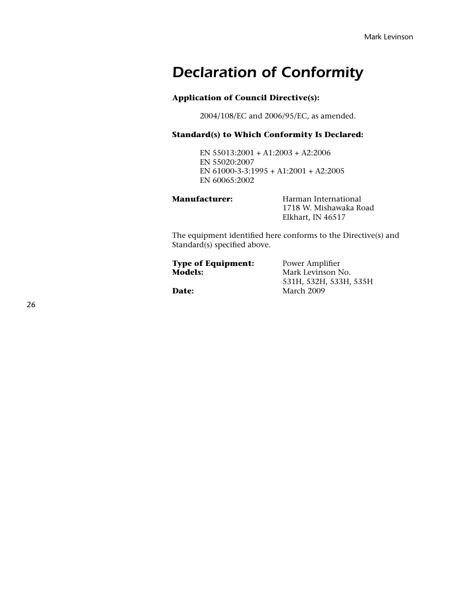 Declaration of conformity | Mark Levinson 500H User Manual | Page 30 / 32