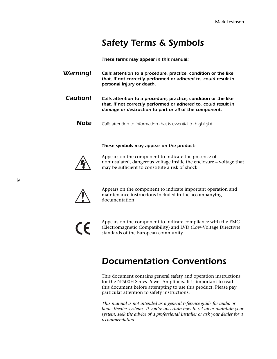 Safety terms & symbols, Documentation conventions | Mark Levinson 500H User Manual | Page 4 / 32