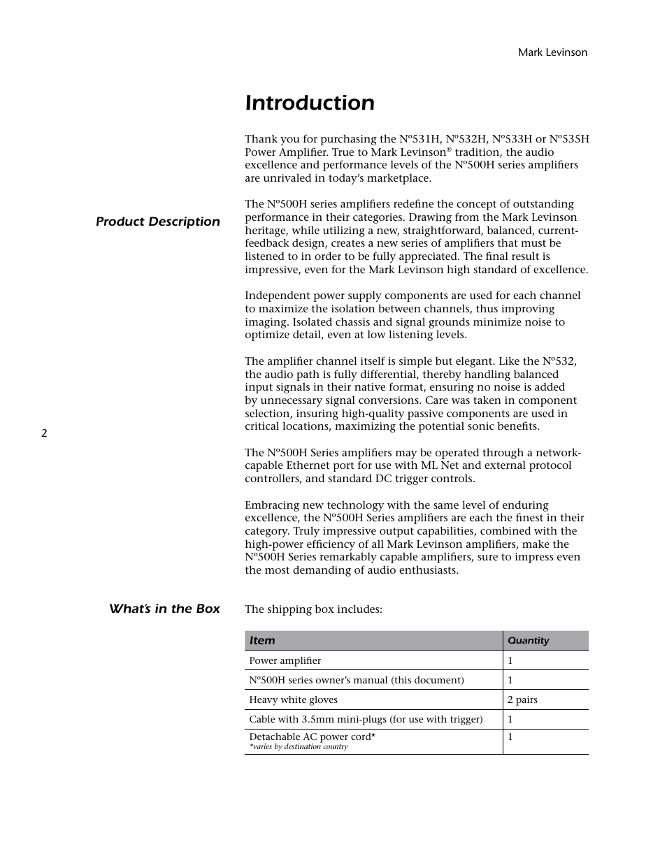 Introduction | Mark Levinson 500H User Manual | Page 6 / 32