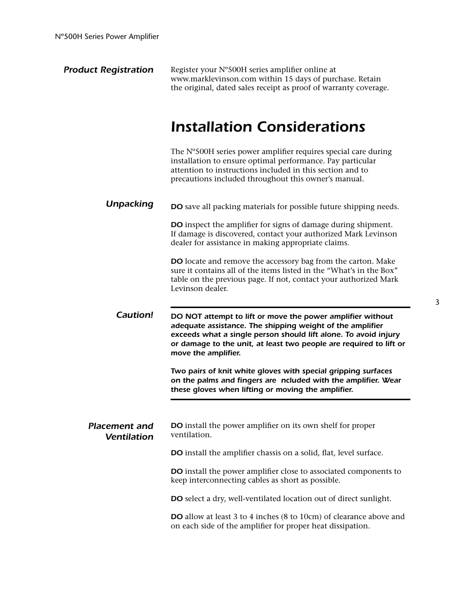 Installation considerations | Mark Levinson 500H User Manual | Page 7 / 32