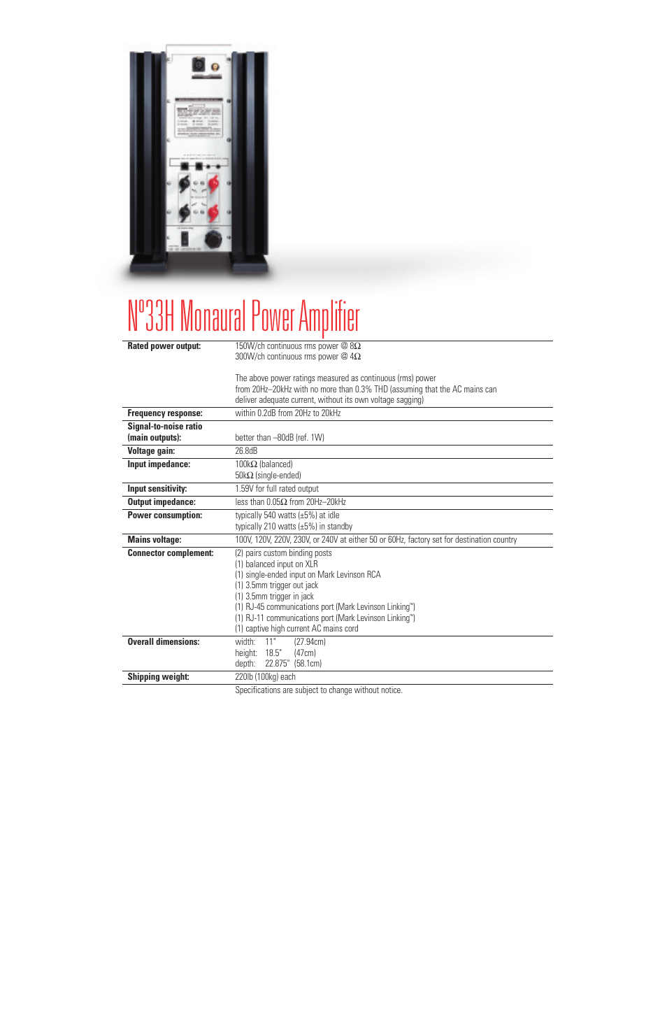 Nº33h monaural power amplifier | Mark Levinson No. 33H User Manual | Page 6 / 8