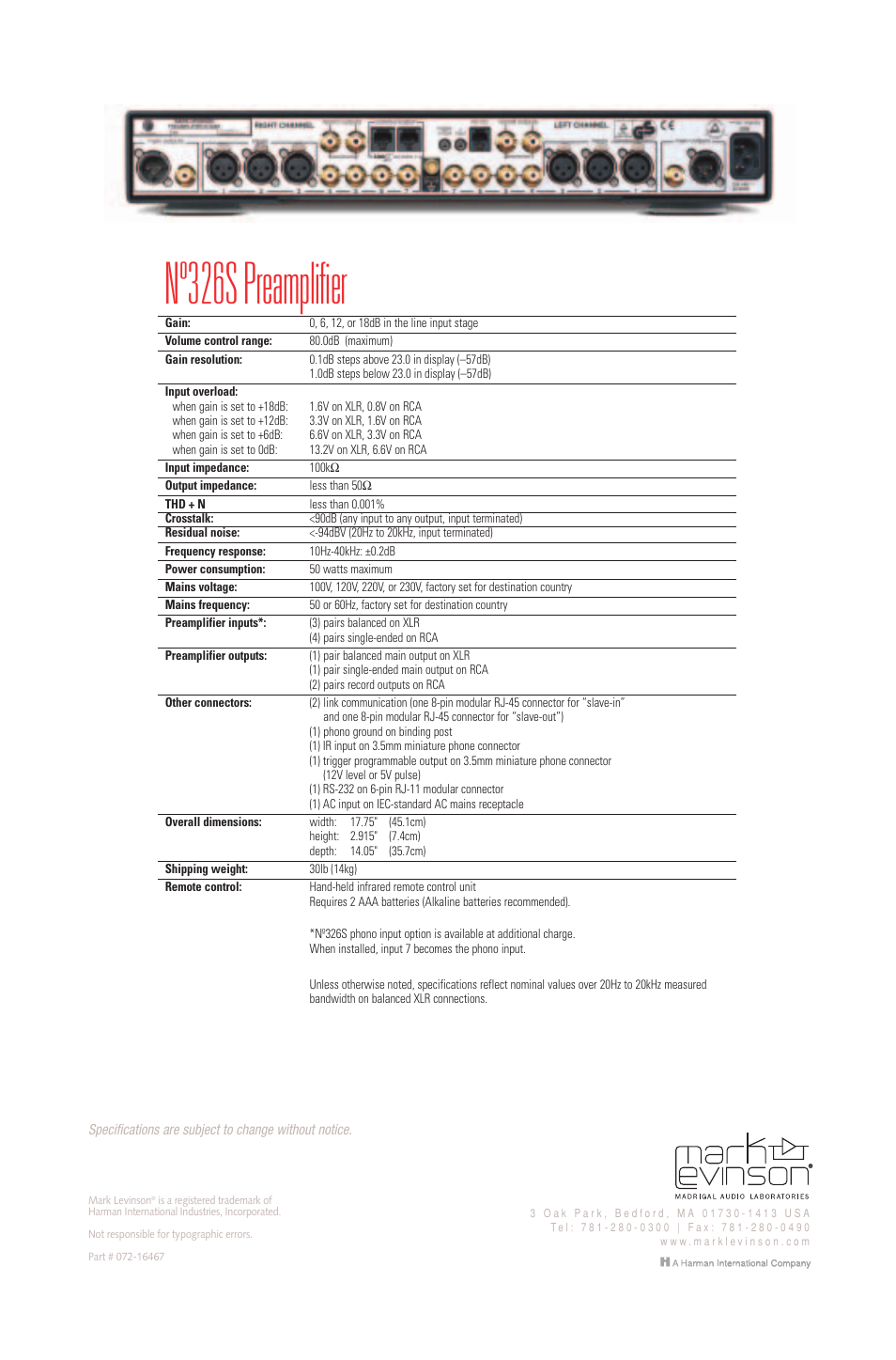 Nº326s preamplifier | Mark Levinson 326S User Manual | Page 4 / 4