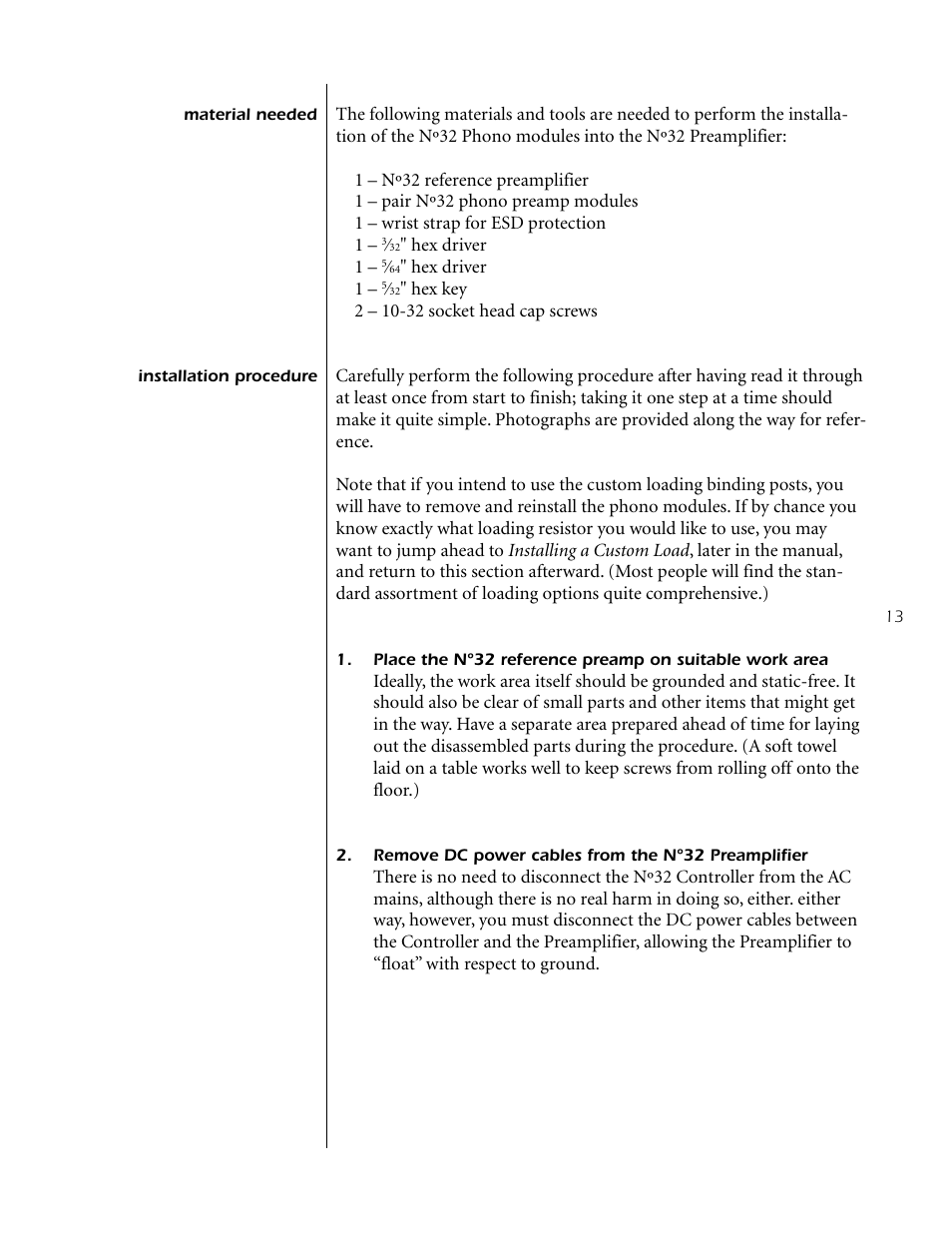 Material needed, Installation procedure, Material needed installation procedure | Mark Levinson Reference Preamplifier N32 User Manual | Page 13 / 34