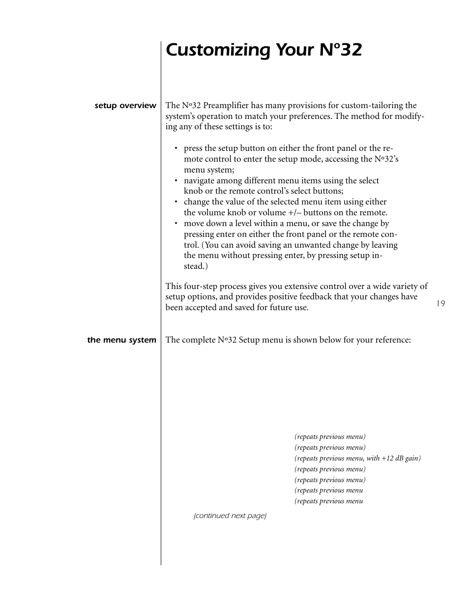 Customizing your nº32, Setup overview, The menu system | Setup overview the menu system | Mark Levinson Reference Preamplifier N32 User Manual | Page 19 / 34