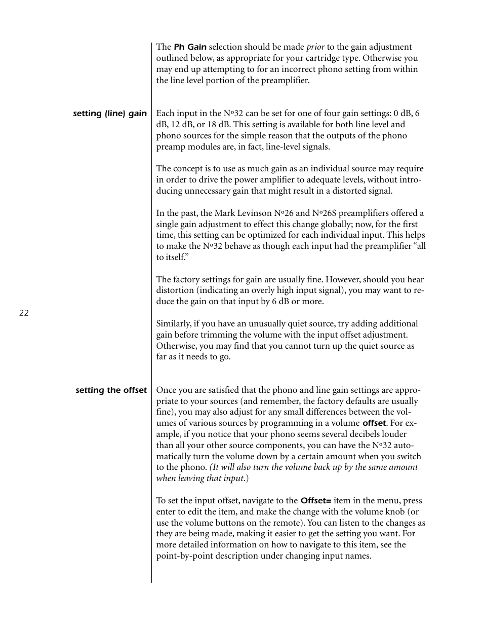 Setting (line) gain, Setting the offset, Setting (line) gain setting the offset | Mark Levinson Reference Preamplifier N32 User Manual | Page 22 / 34