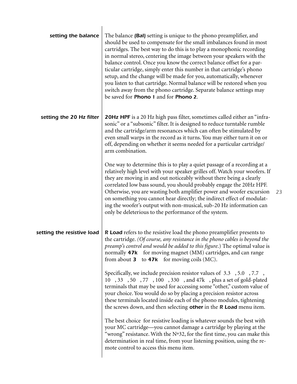 Setting the balance, Setting the 20 hz filter, Setting the resistive load | Mark Levinson Reference Preamplifier N32 User Manual | Page 23 / 34