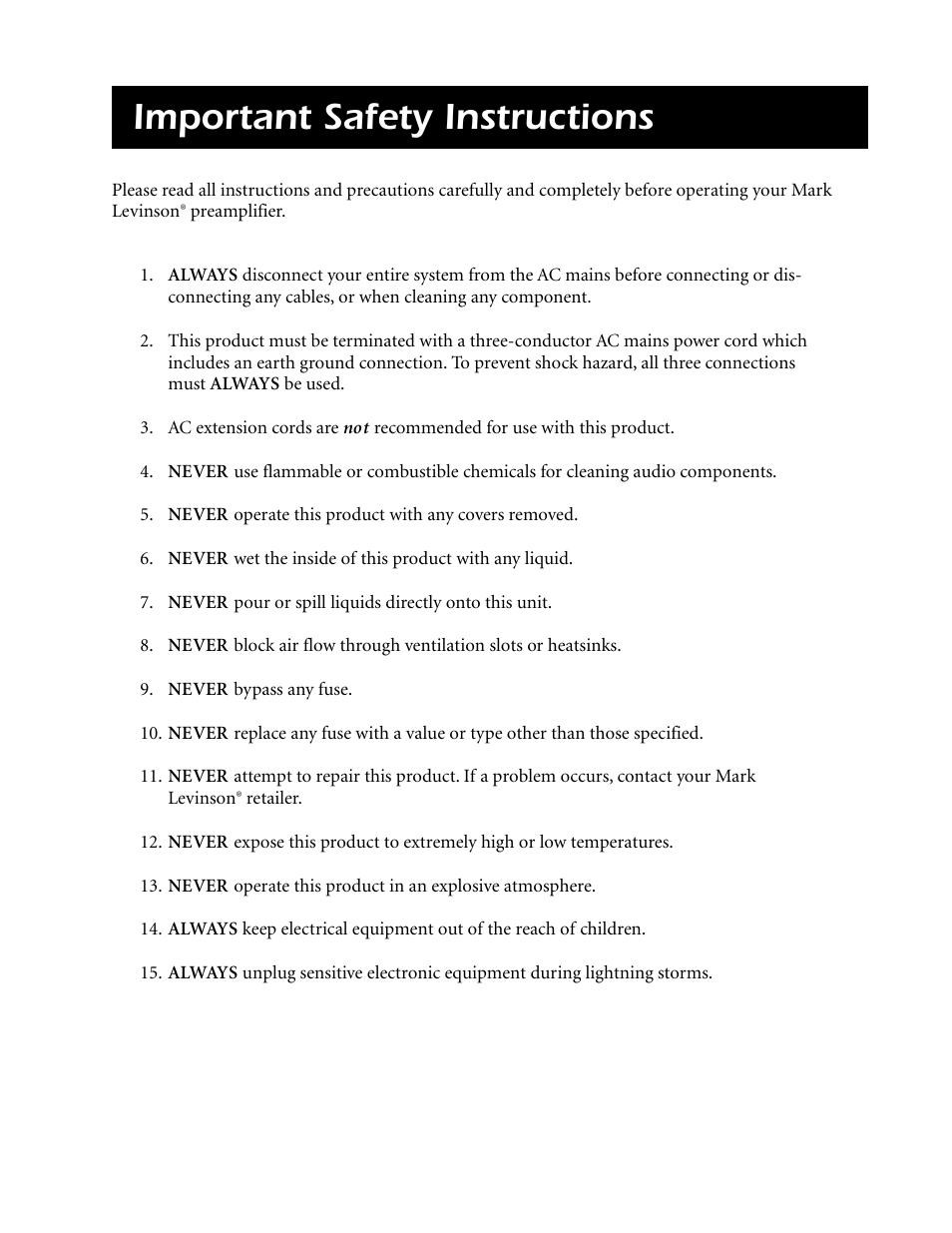 Important safety instructions | Mark Levinson Reference Preamplifier N32 User Manual | Page 3 / 34