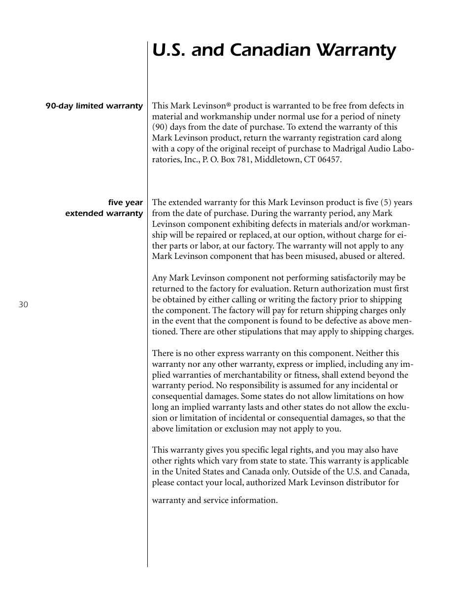 U.s. and canadian warranty, Day limited warranty, Five year extended warranty | Day limited warranty five year extended warranty | Mark Levinson Reference Preamplifier N32 User Manual | Page 30 / 34