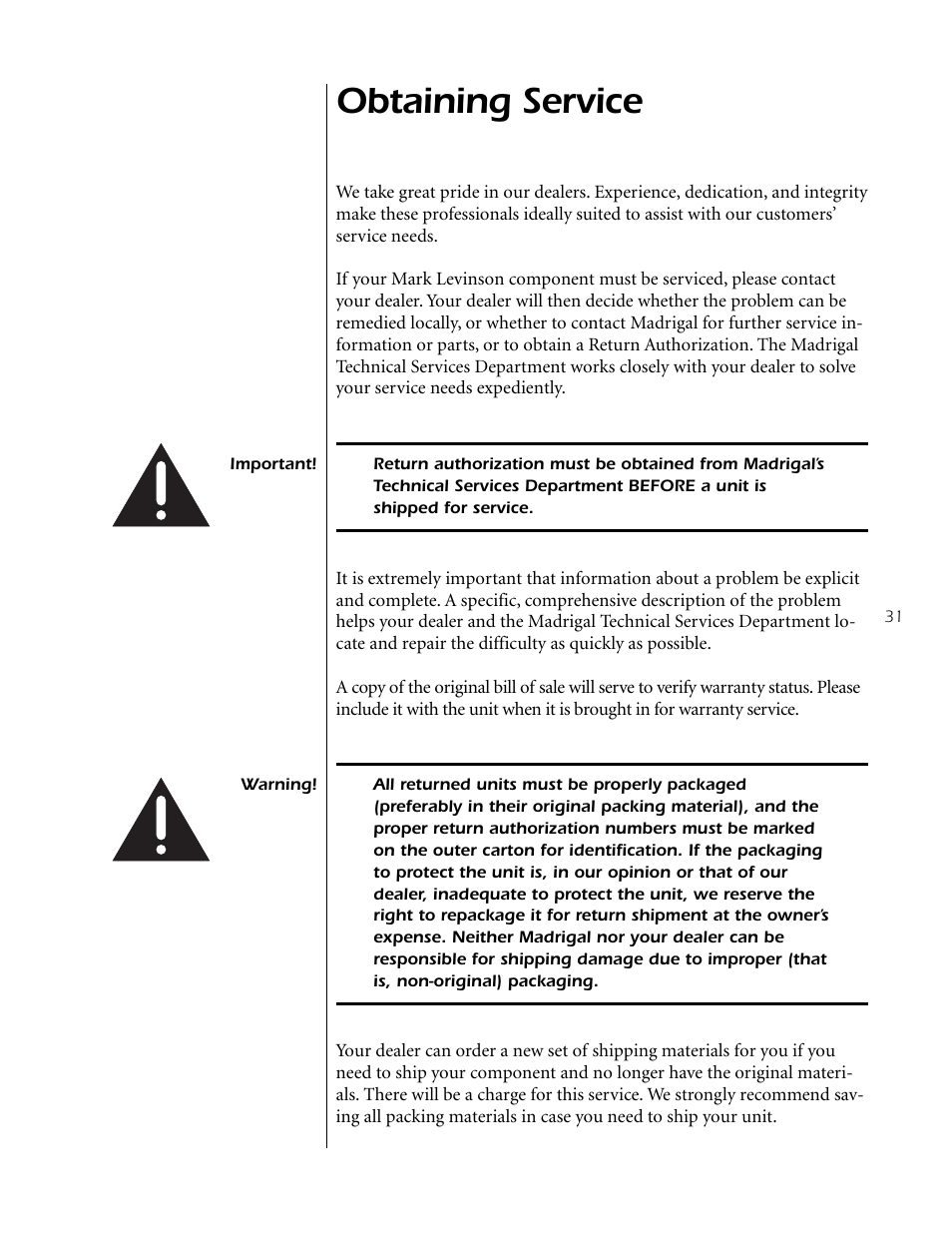 Obtaining service | Mark Levinson Reference Preamplifier N32 User Manual | Page 31 / 34