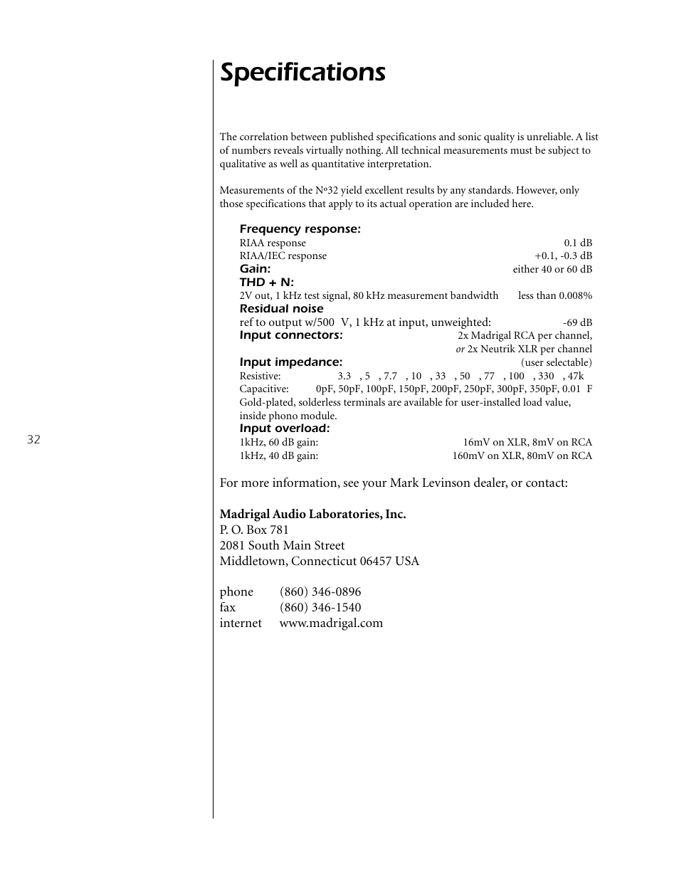 Specifications | Mark Levinson Reference Preamplifier N32 User Manual | Page 32 / 34