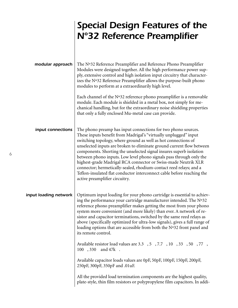 Modular approach, Input connections, Input loading network | Mark Levinson Reference Preamplifier N32 User Manual | Page 6 / 34