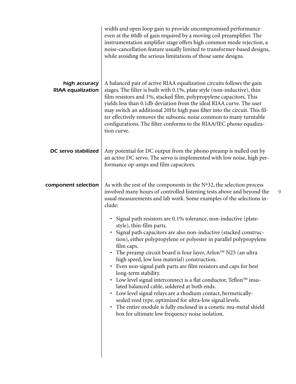 High accuracy riaa equalization, Dc servo stabilized, Component selection | Mark Levinson Reference Preamplifier N32 User Manual | Page 9 / 34