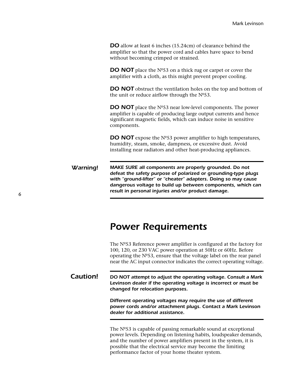 Power requirements, Caution | Mark Levinson 53 User Manual | Page 10 / 38