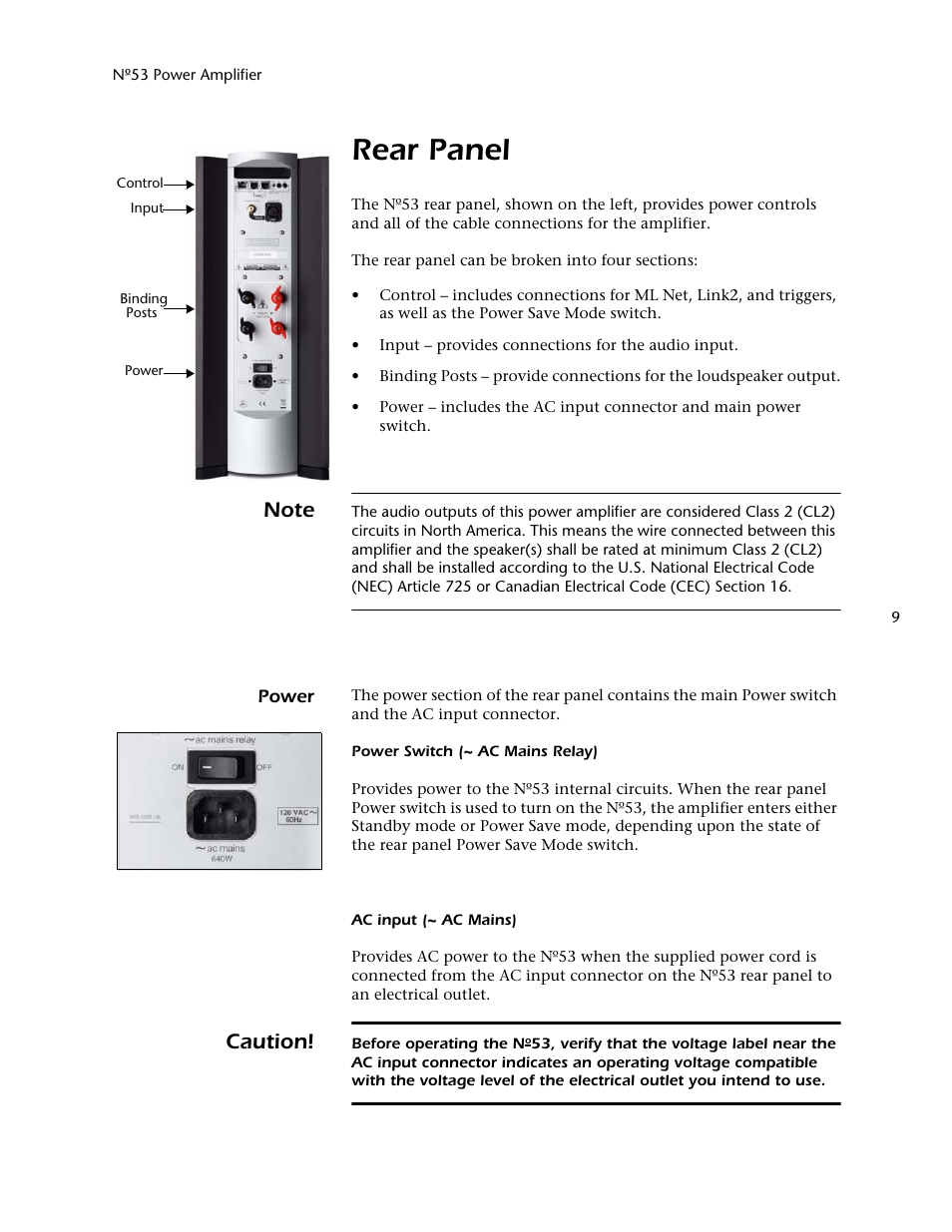 Rear panel, Caution | Mark Levinson 53 User Manual | Page 13 / 38