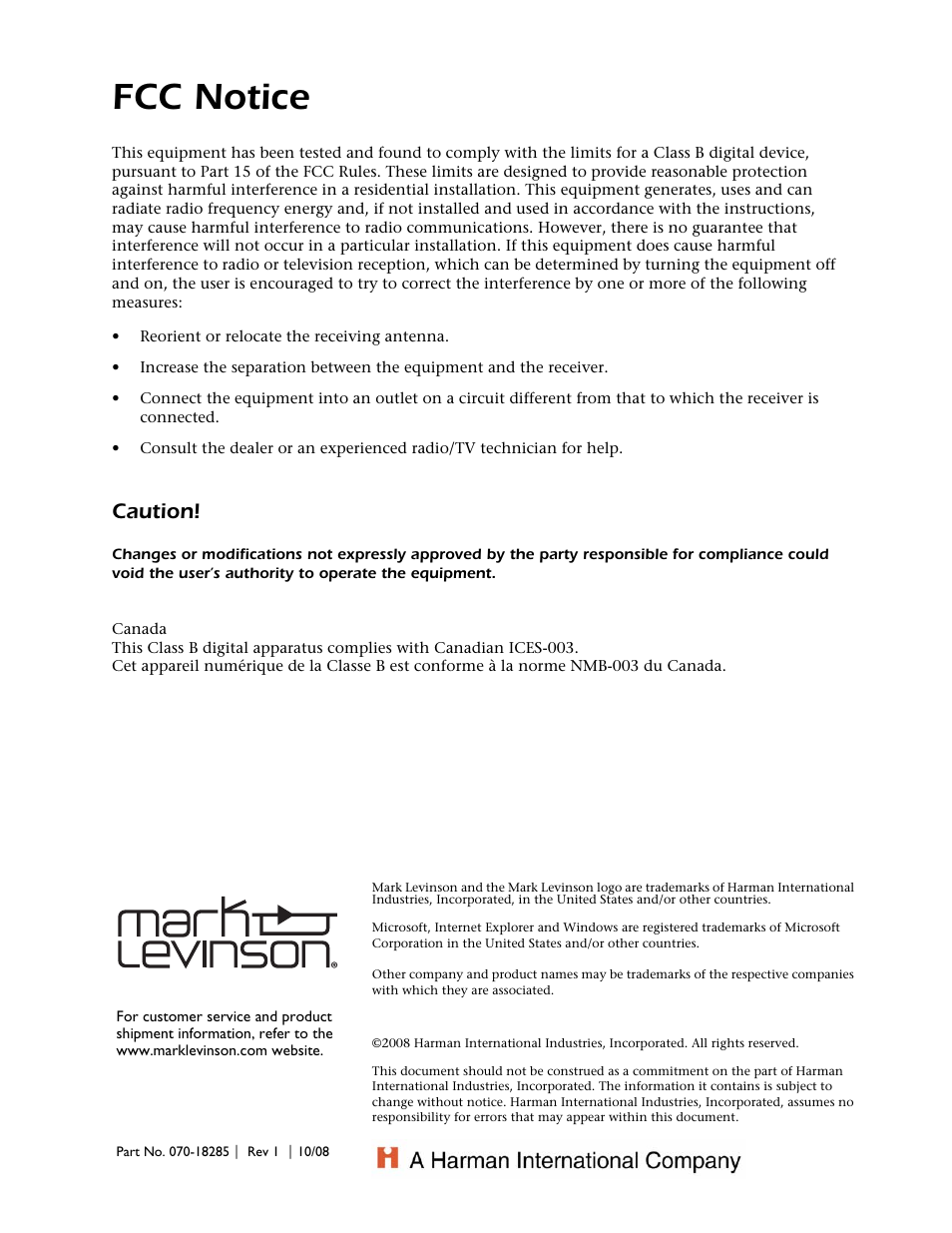 Fcc notice, Caution | Mark Levinson 53 User Manual | Page 2 / 38