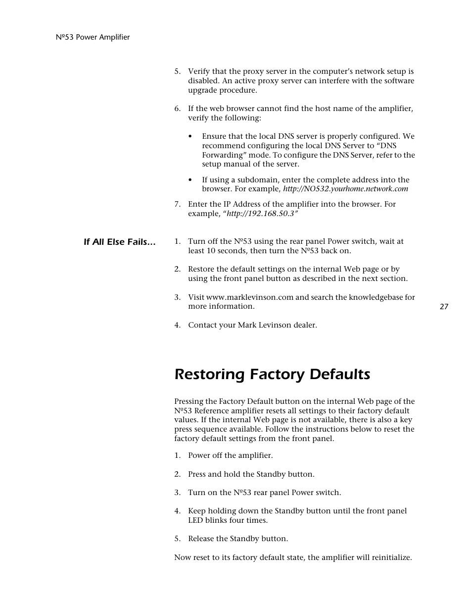 Restoring factory defaults | Mark Levinson 53 User Manual | Page 31 / 38