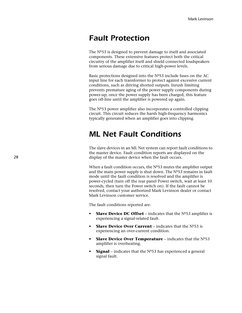 Fault protection, Ml net fault conditions | Mark Levinson 53 User Manual | Page 32 / 38