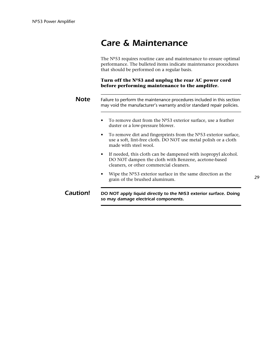 Care & maintenance, Caution | Mark Levinson 53 User Manual | Page 33 / 38