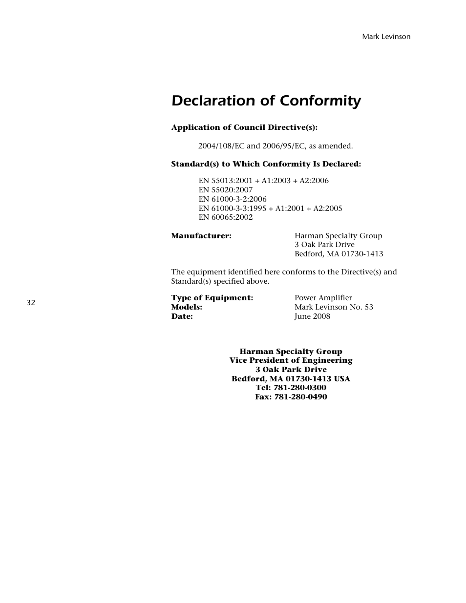 Declaration of conformity | Mark Levinson 53 User Manual | Page 36 / 38