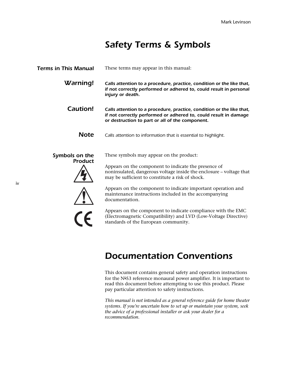 Safety terms & symbols, Documentation conventions, Warning | Caution | Mark Levinson 53 User Manual | Page 4 / 38