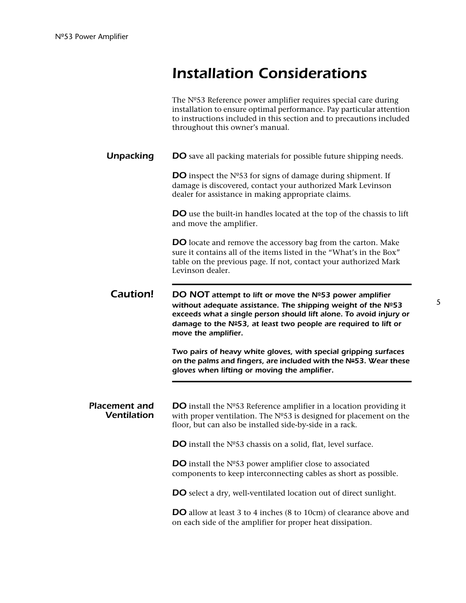 Installation considerations, Caution | Mark Levinson 53 User Manual | Page 9 / 38