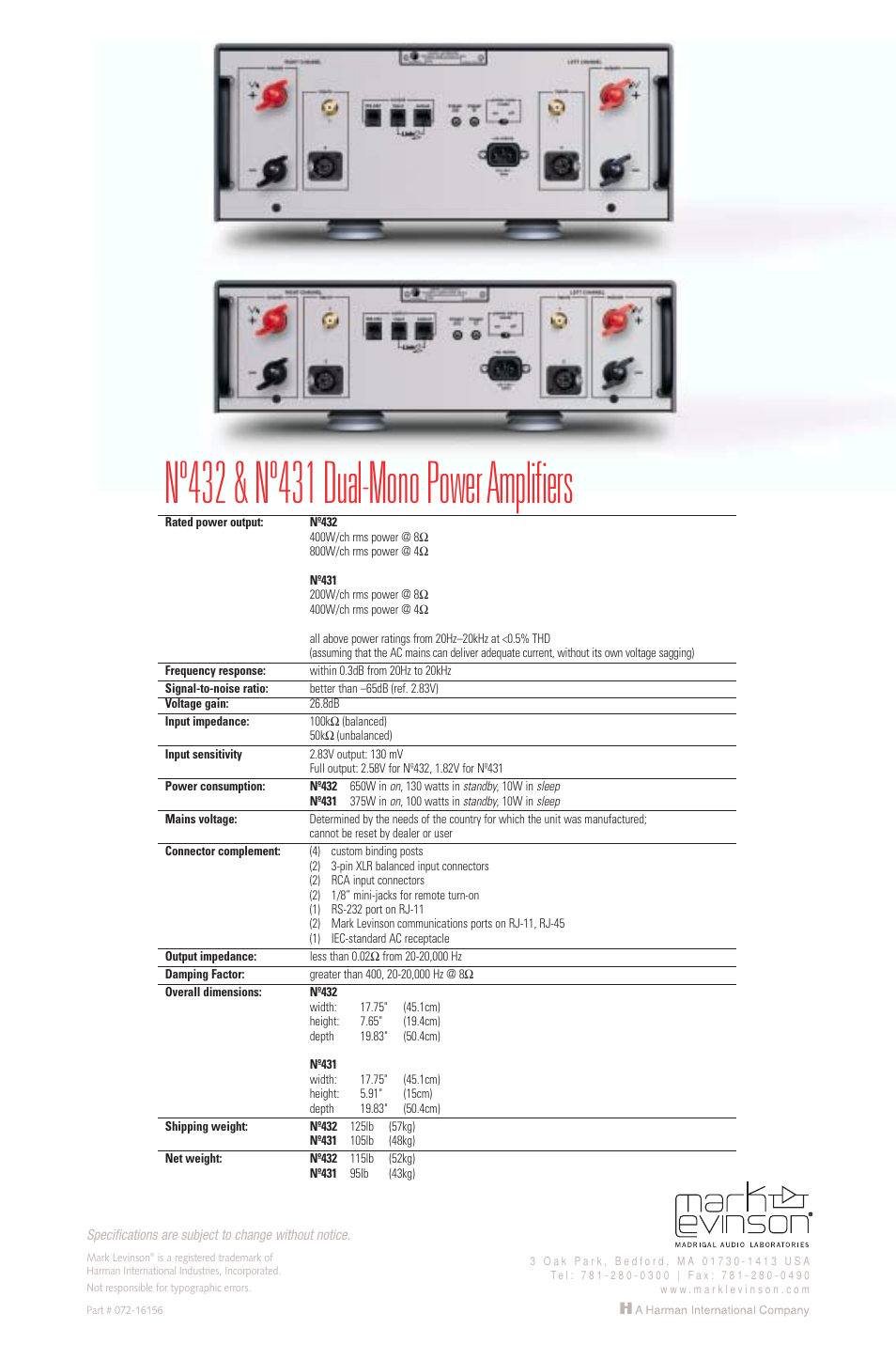 Mark Levinson Dual-Mono Power Amplifier 432 User Manual | Page 4 / 4