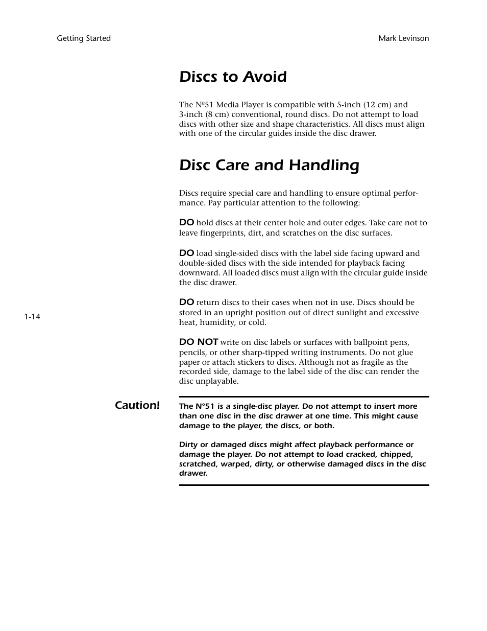Discs to avoid, Disc care and handling, Caution | Mark Levinson N 51 User Manual | Page 22 / 112