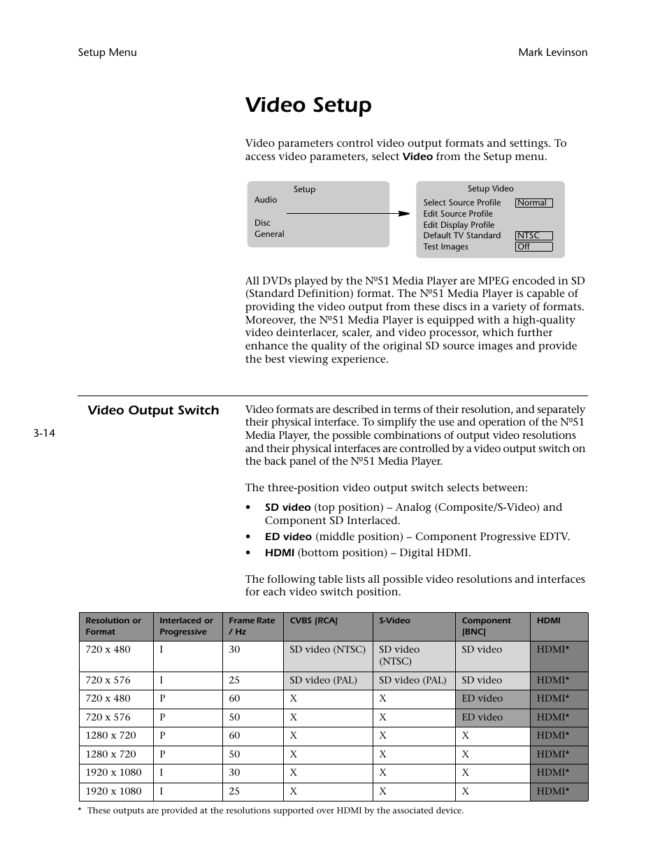 Video setup, Video output switch | Mark Levinson N 51 User Manual | Page 50 / 112