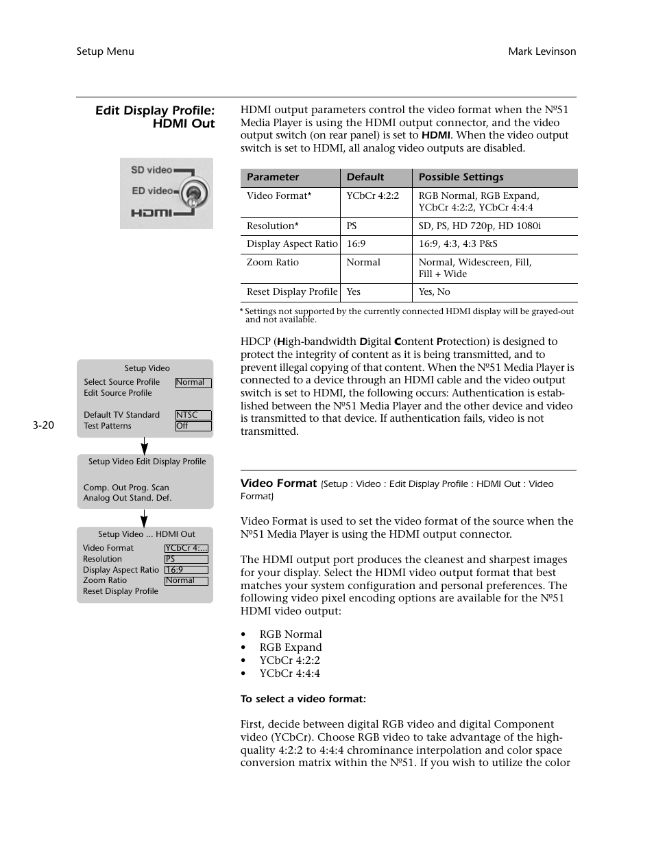 Edit display profile: hdmi out -20, Edit display profile: hdmi out | Mark Levinson N 51 User Manual | Page 56 / 112