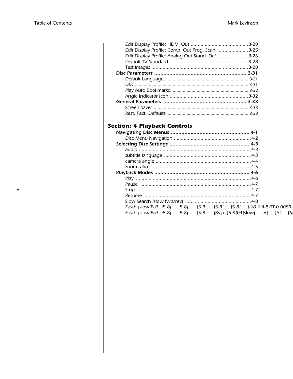 Disc parameters 3-31, General parameters 3-33, Section: 4 playback controls | Navigating disc menus 4-1, Selecting disc settings 4-3, Playback modes 4-6, Section: 5 troubleshooting & maintenance, Troubleshooting 5-1 | Mark Levinson N 51 User Manual | Page 6 / 112