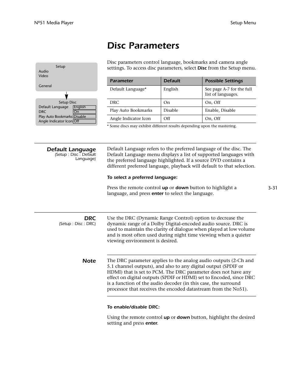 Disc parameters, Disc parameters -31, Default language | Mark Levinson N 51 User Manual | Page 67 / 112