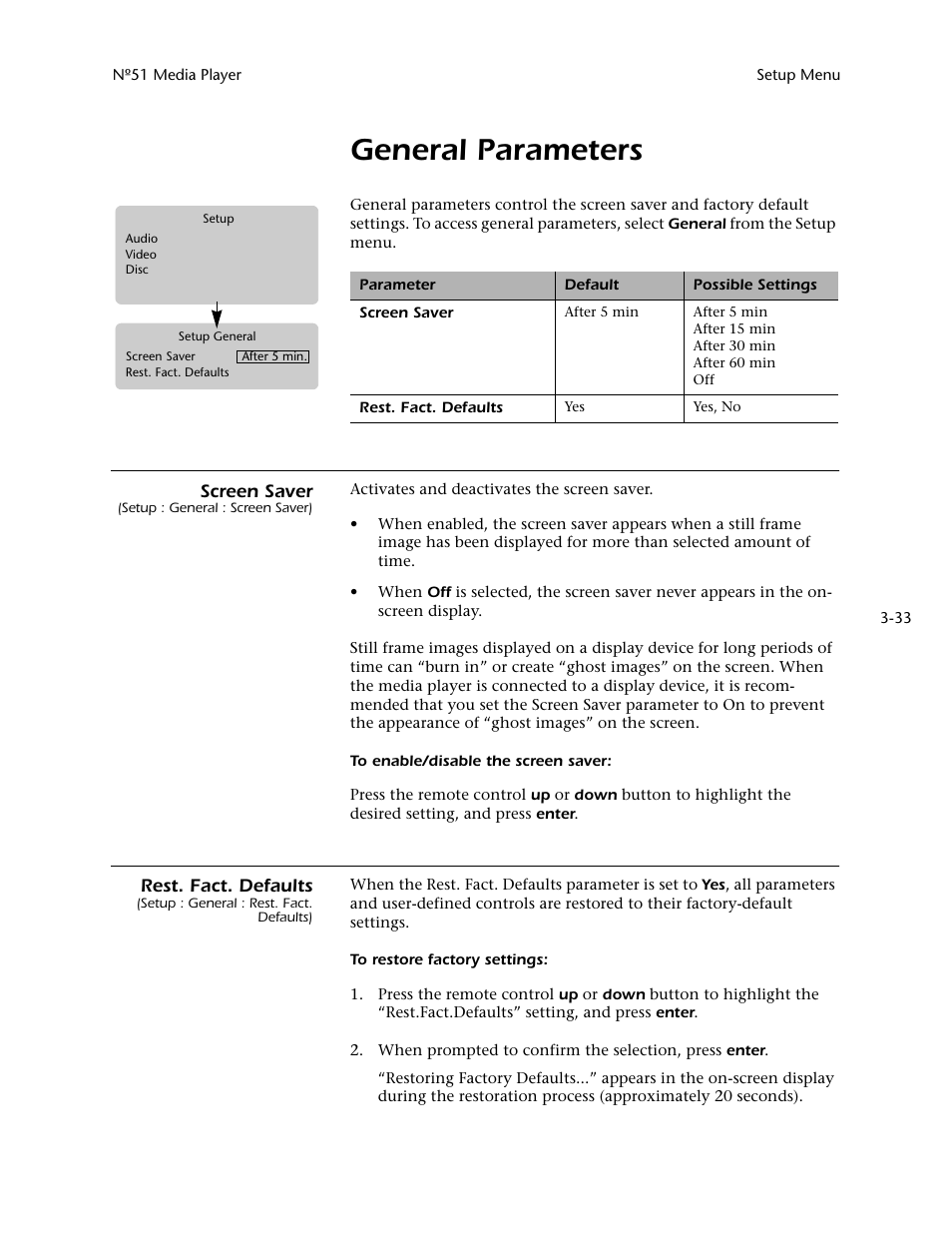 General parameters, General parameters -33, Screen saver | Rest. fact. defaults | Mark Levinson N 51 User Manual | Page 69 / 112