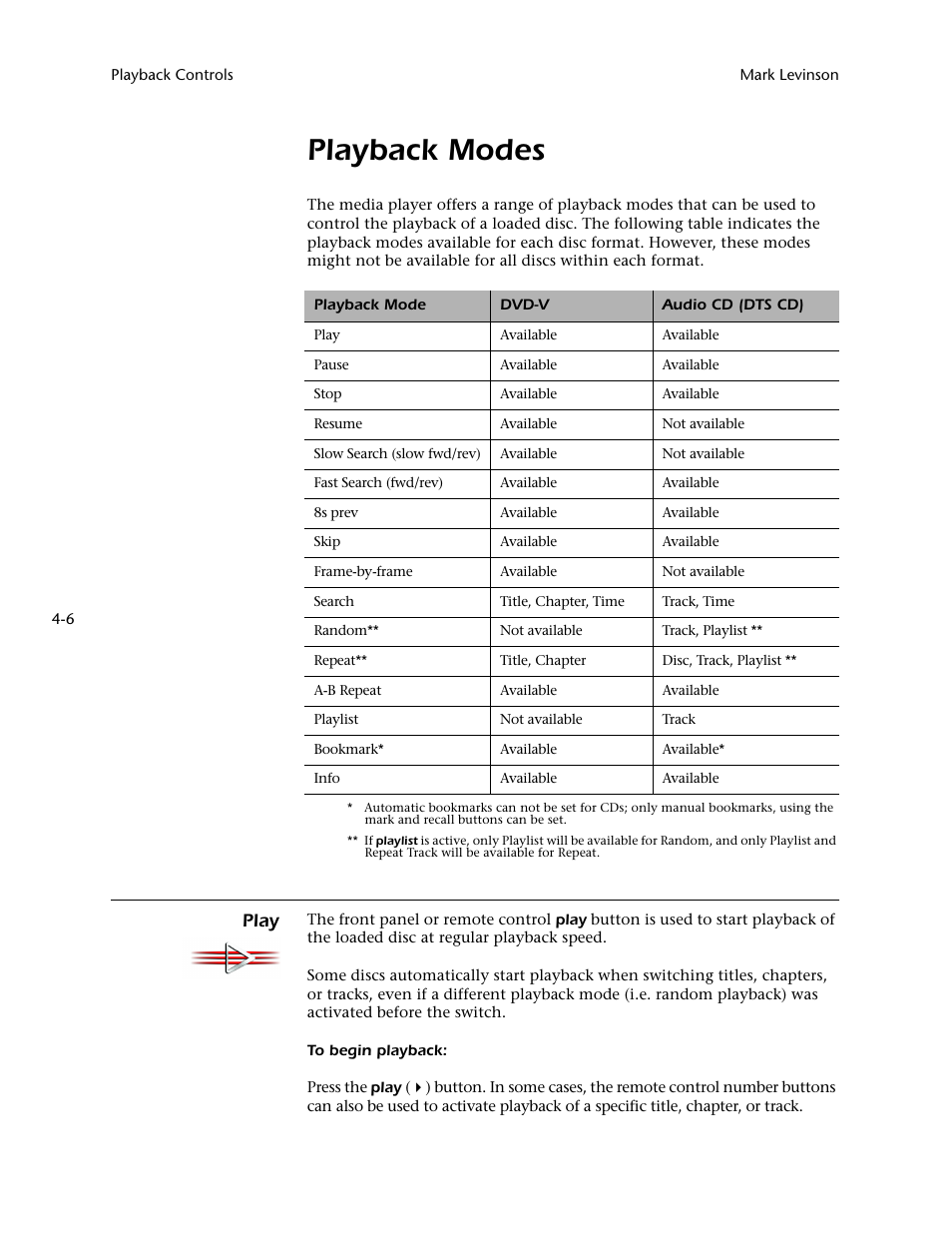 Playback modes, Playback modes -6, Play -6 | Play | Mark Levinson N 51 User Manual | Page 76 / 112