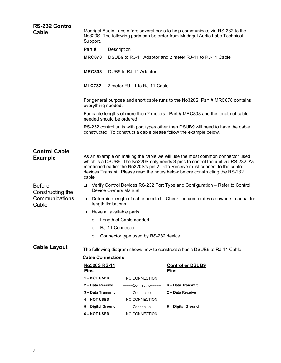 4rs-232 control cable, Control cable example, Before constructing the communications cable | Cable layout | Mark Levinson RS-232 User Manual | Page 4 / 8