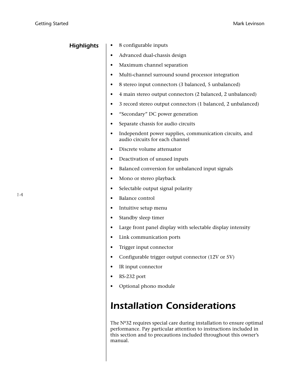 Installation considerations | Mark Levinson N32 User Manual | Page 12 / 80