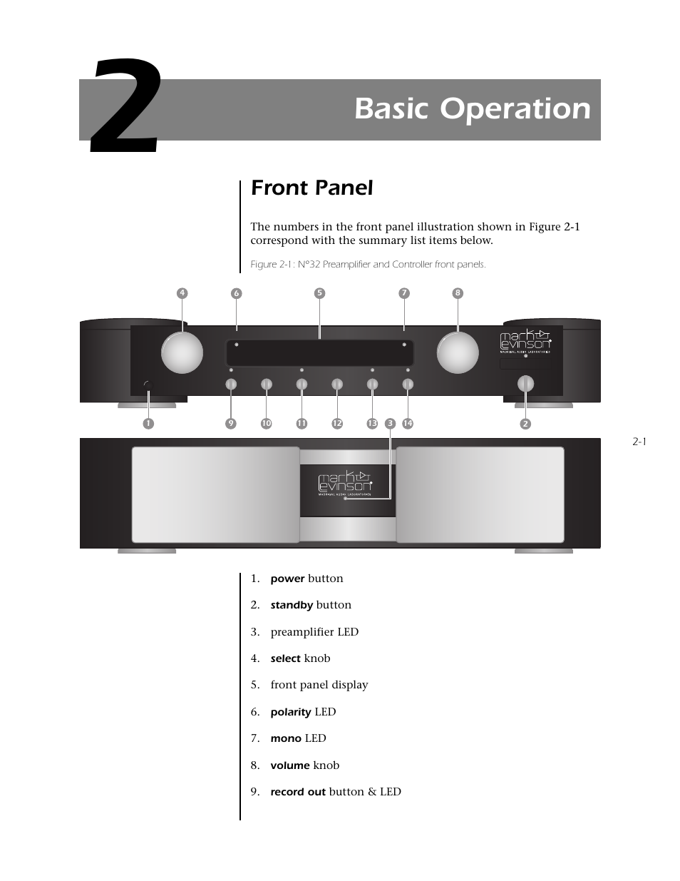 Basic operation, Section 2: basic operation, Front panel -1 | Front panel | Mark Levinson N32 User Manual | Page 19 / 80