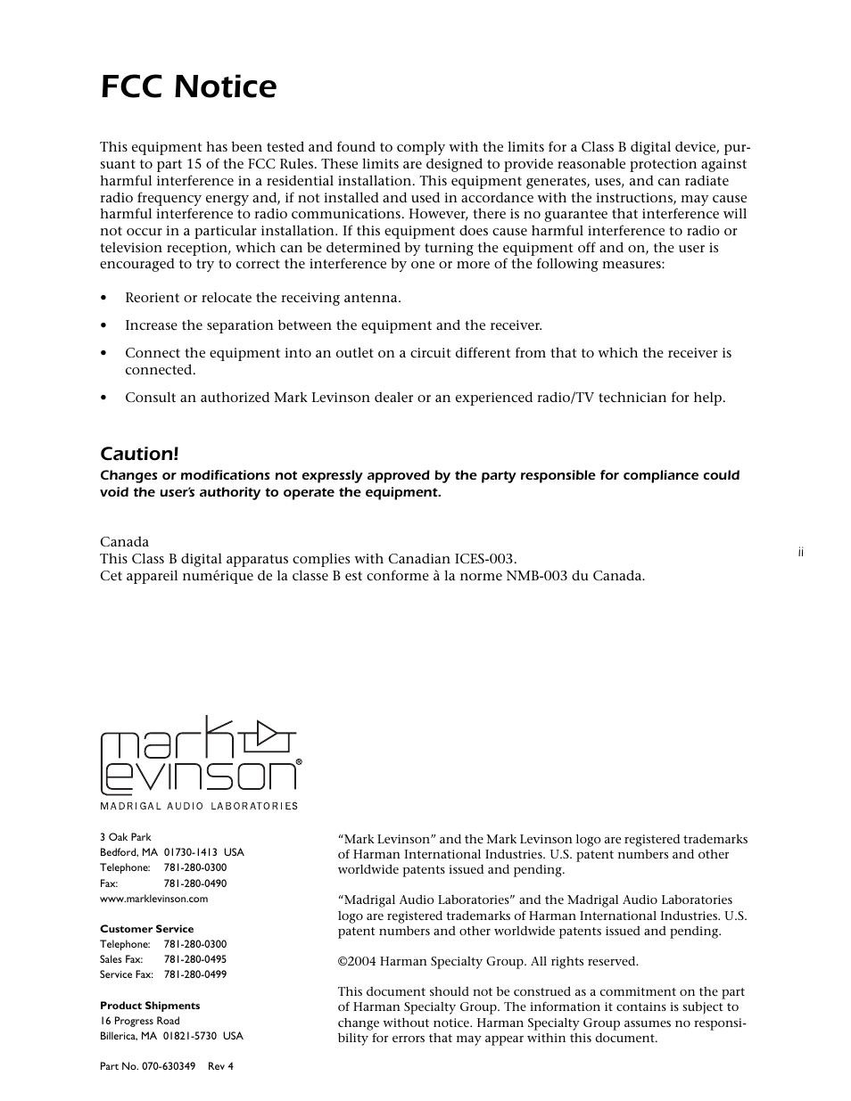 Fcc notice, Caution | Mark Levinson N32 User Manual | Page 3 / 80