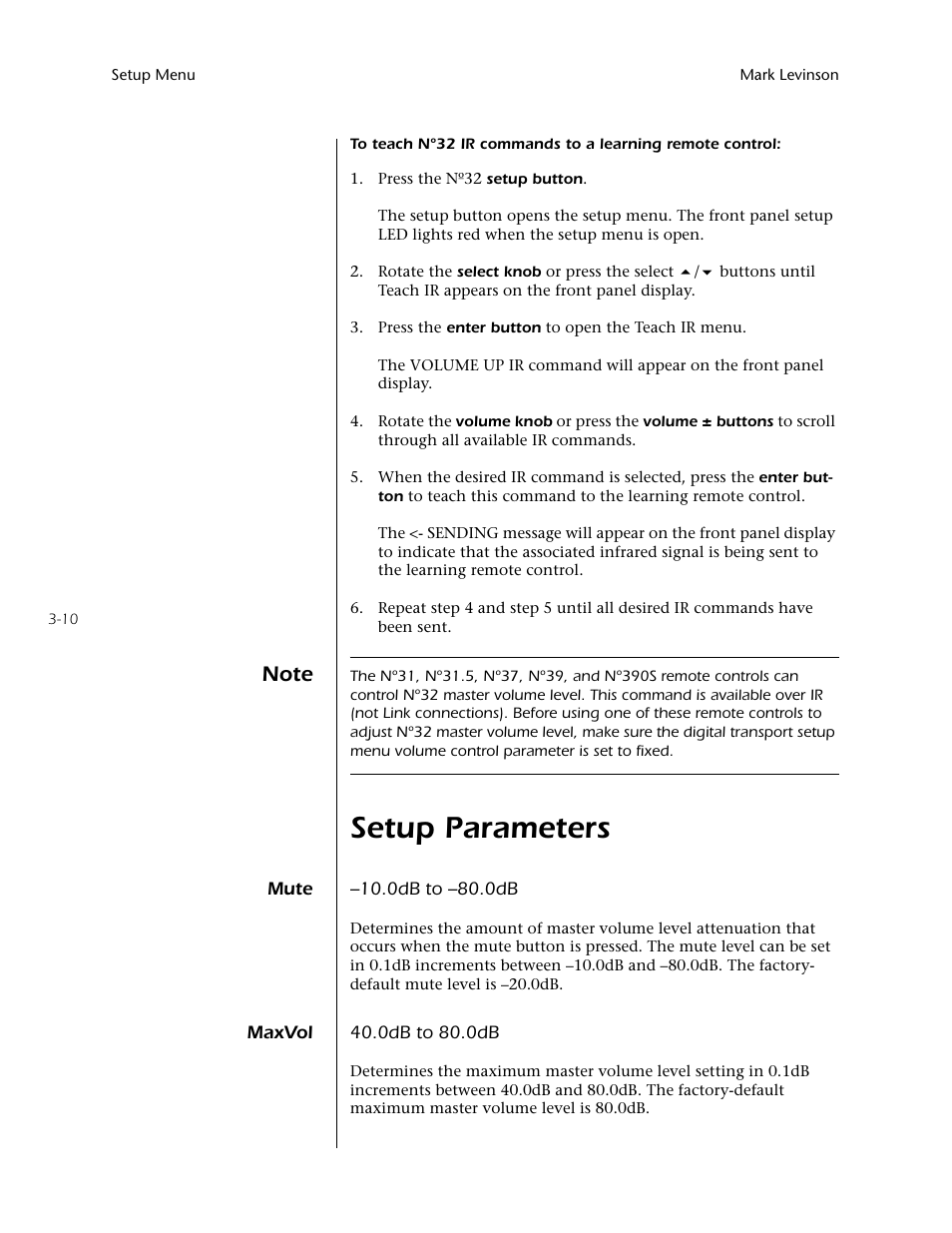 Setup parameters -10, Mute -10 maxvol -10, Setup parameters | Mark Levinson N32 User Manual | Page 42 / 80