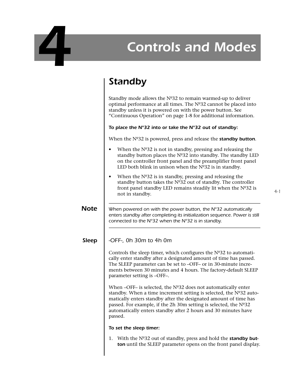 Controls and modes, Section 4: controls and modes, Standby -1 | Sleep -1, Section 4, “controls and modes” f, Standby | Mark Levinson N32 User Manual | Page 45 / 80