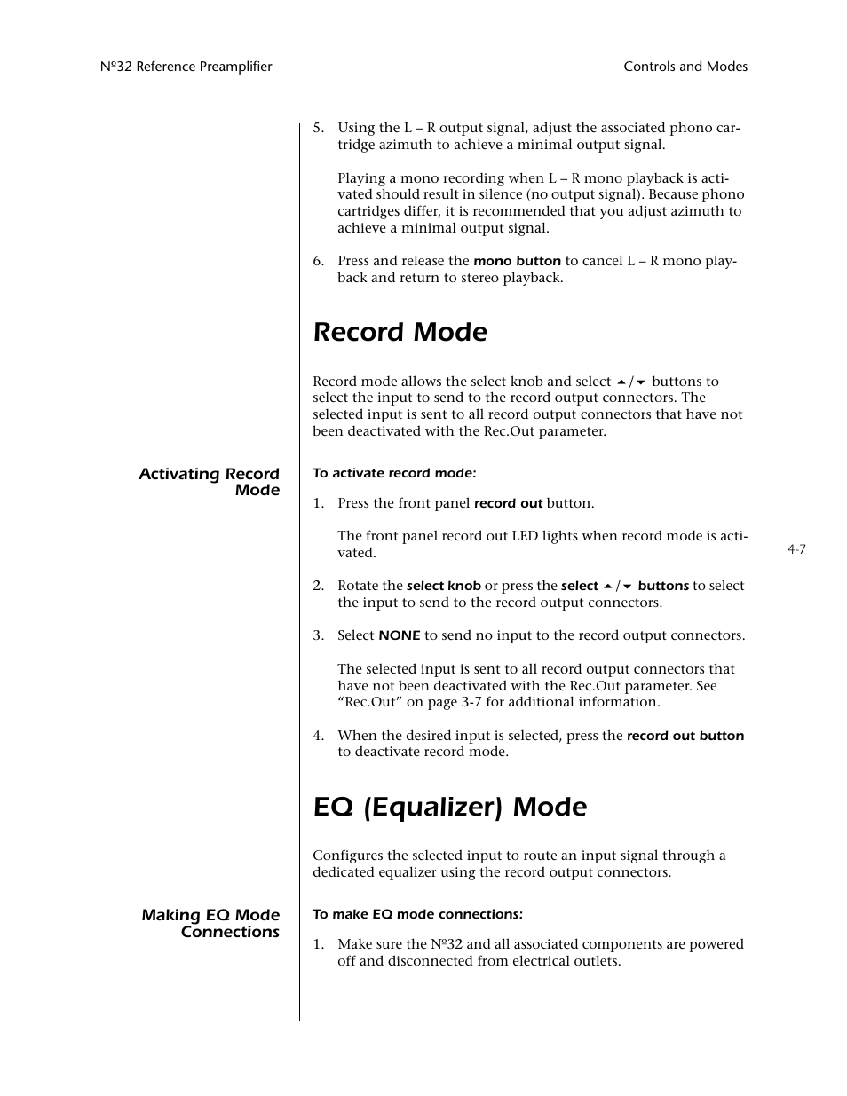 Record mode -7, Activating record mode -7, Eq (equalizer) mode -7 | Making eq mode connections -7, Record mode, Eq (equalizer) mode | Mark Levinson N32 User Manual | Page 51 / 80