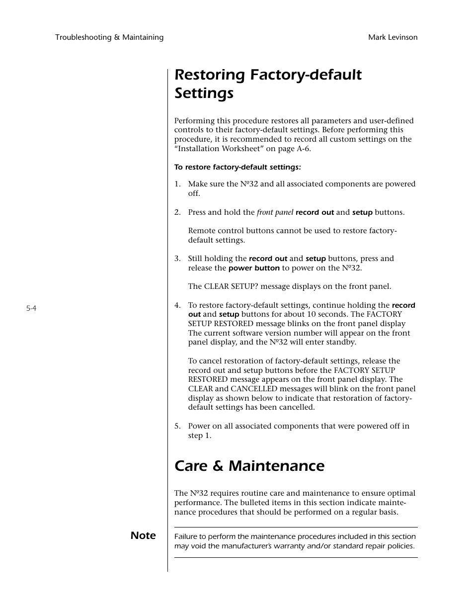 See “restoring factory-default, Restoring factory-default settings, Care & maintenance | Mark Levinson N32 User Manual | Page 68 / 80