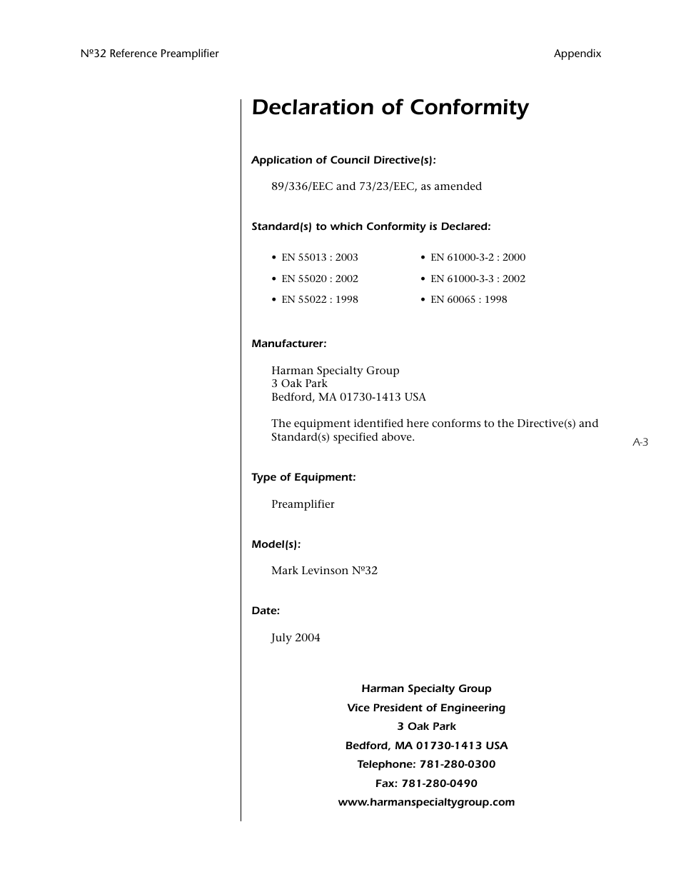 Declaration of conformity | Mark Levinson N32 User Manual | Page 73 / 80