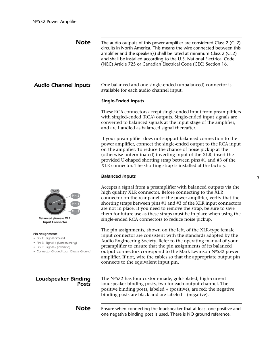 Audio channel inputs, Loudspeaker binding posts | Mark Levinson 532 User Manual | Page 13 / 34