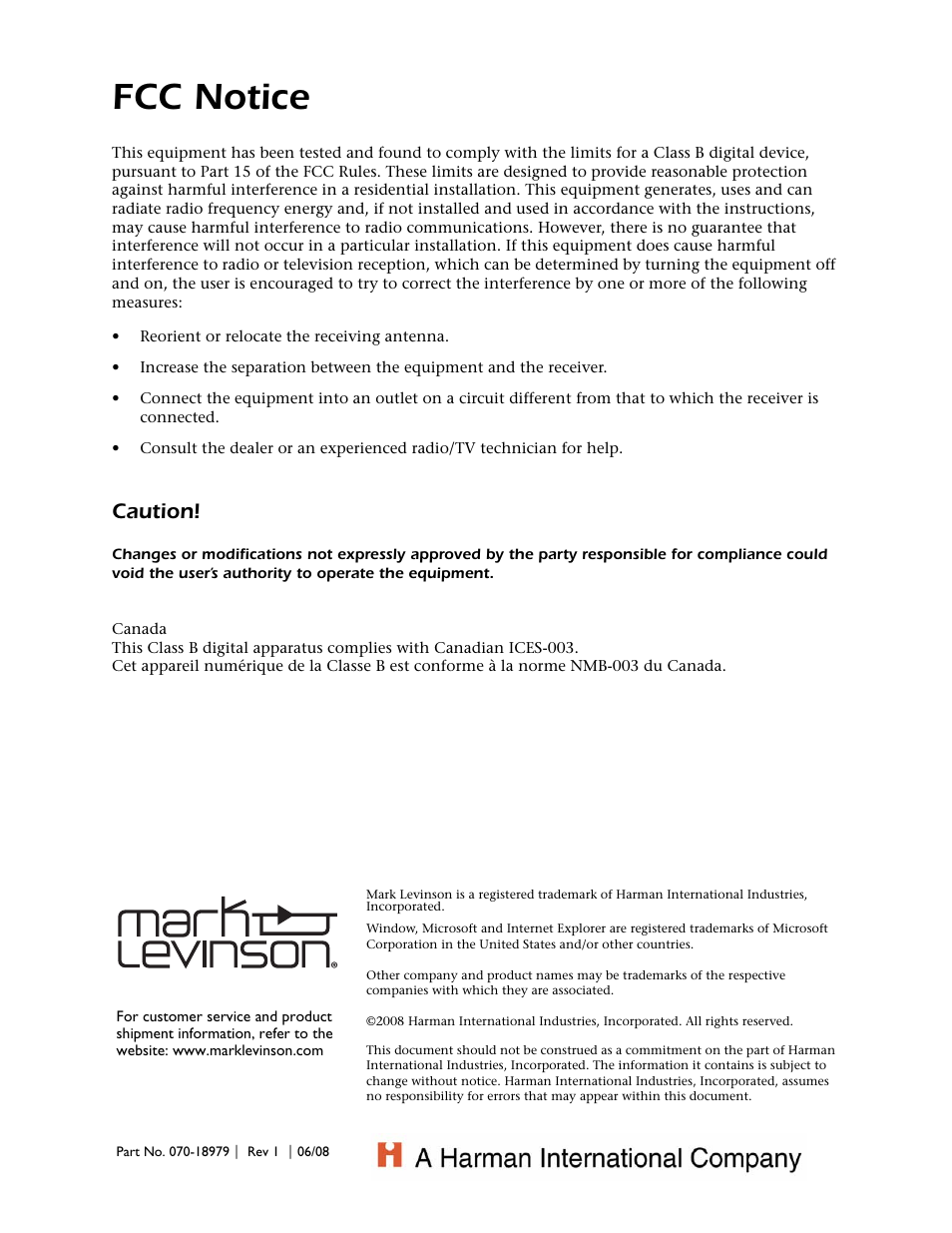 Fcc notice, Caution | Mark Levinson 532 User Manual | Page 2 / 34