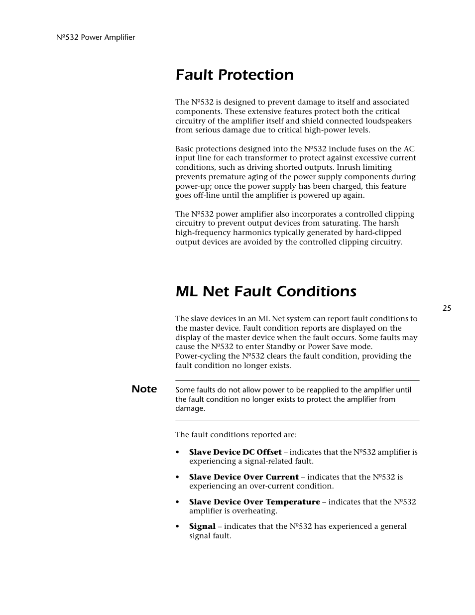 Fault protection, Ml net fault conditions | Mark Levinson 532 User Manual | Page 29 / 34