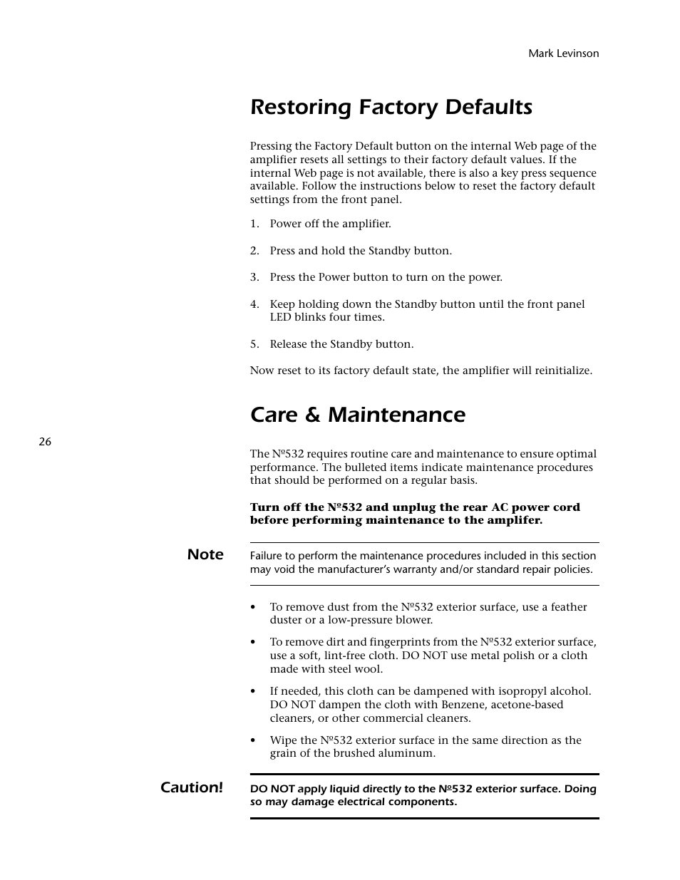 Restoring factory defaults, Care & maintenance, Caution | Mark Levinson 532 User Manual | Page 30 / 34